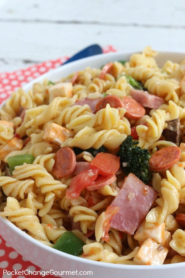 Change up your ordinary Pasta Salad with the addition of meats and cheese in this Deli Style Pasta Salad! Hearty enough for a meal on a hot Summer night! Be sure to save the recipe by pinning to your Recipe Board!