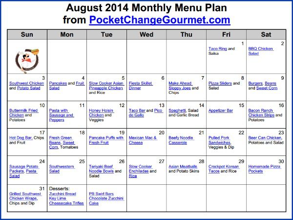 August 2014 Monthly Menu Printable
