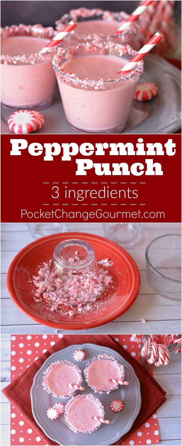 With only 3 ingredients you can make this festive Peppermint Punch! Keep it simple for the kids or add a little Peppermint Schnapps for the adults! Rim the glasses with crushed peppermint to add a fun a festive touch to this Christmas Drink Recipe!!