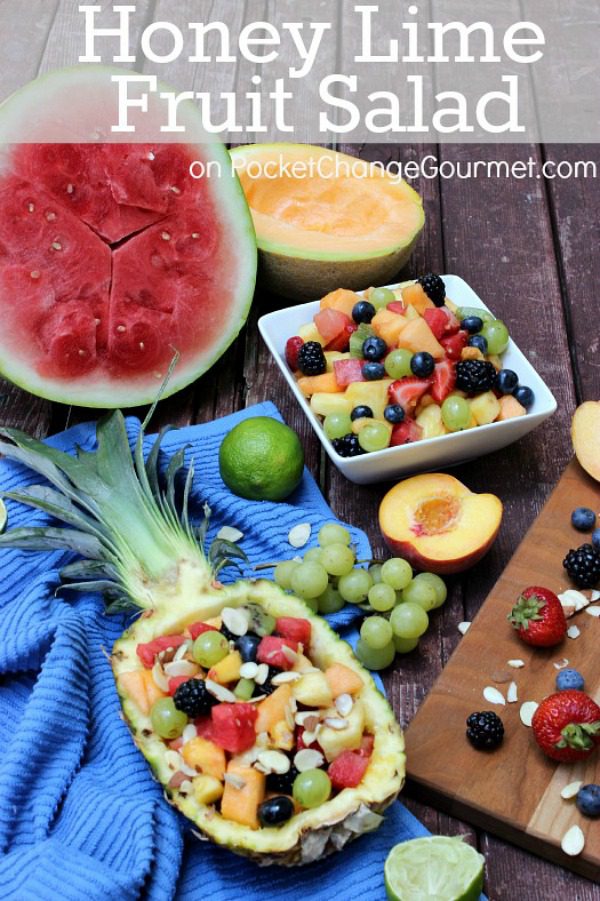 Serve this delicous Honey Lime Fruit Salad in a pineapple for an extra splash to your party! Spoon it into jars for an easy picnic dish or just enjoy it at home out of a big bowl! Pin to your Recipe Board!