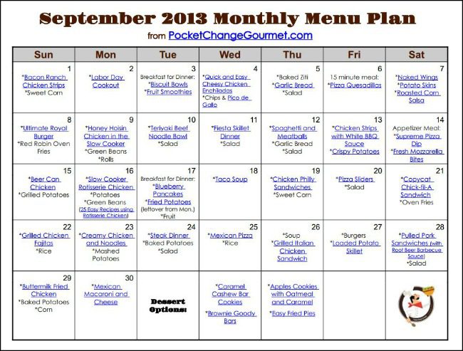 food menu calendar