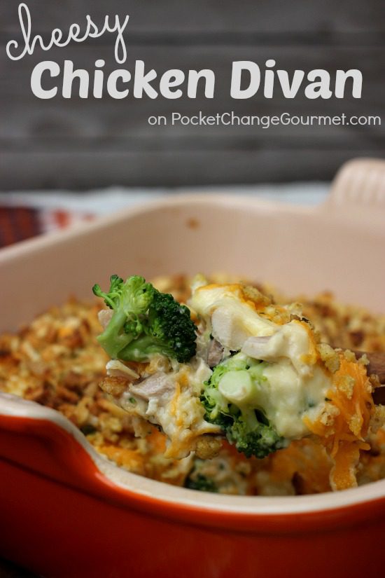 Cheesy Chicken Divan Casserole on your dinner table in 30 minute or less. Recipe on PocketChangeGourmet.com