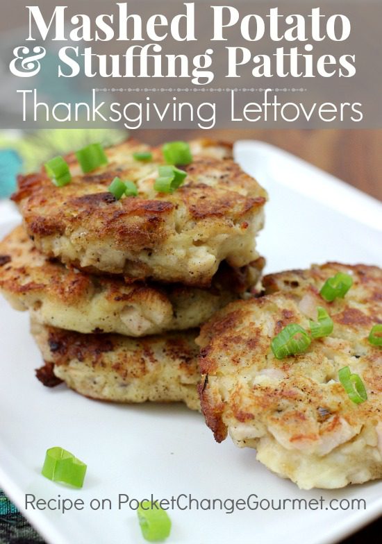 Mashed Potato & Stuffing Patties  on plate with scallion on top