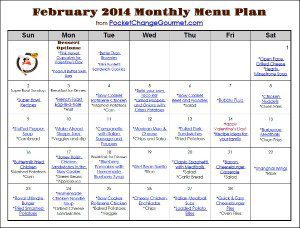 February Printable Menu from PocketChangeGourmet.com