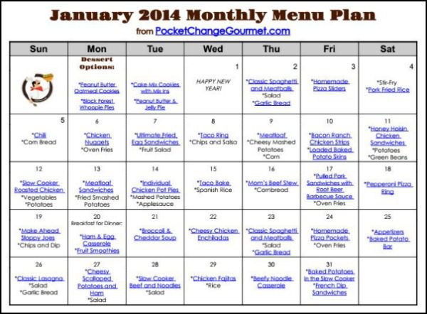 Printable January 2014 Menu | Available on PocketChangeGourmet.com