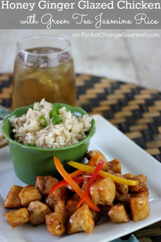 Honey Ginger Glazed Chicken with Green Tea Jasmine Rice | Recipe on PocketChangeGourmet.com