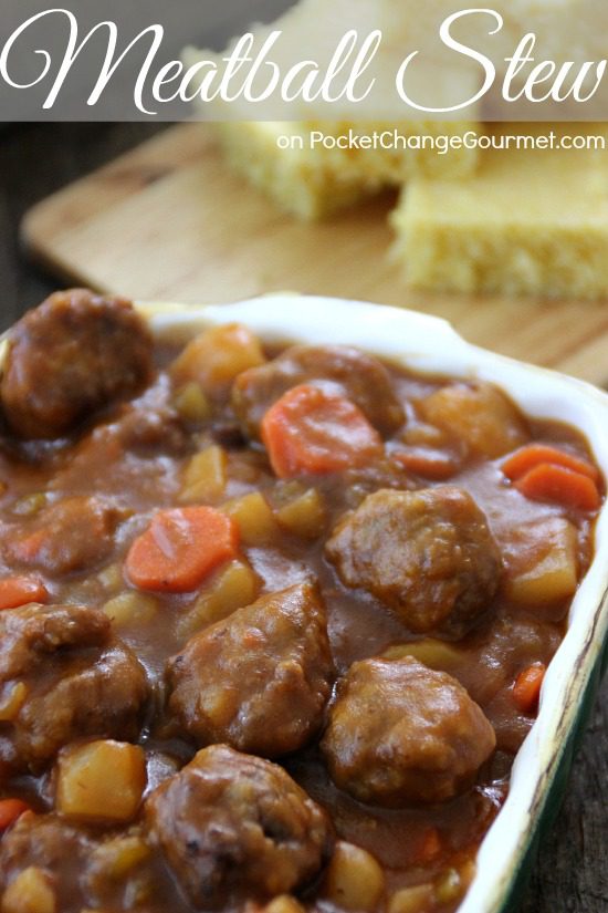 Meatball Stew can be made on the stove top or slow cooker. Serve with corn bread for the perfect hearty dinner your family will love!! Pin to your Recipe Board!