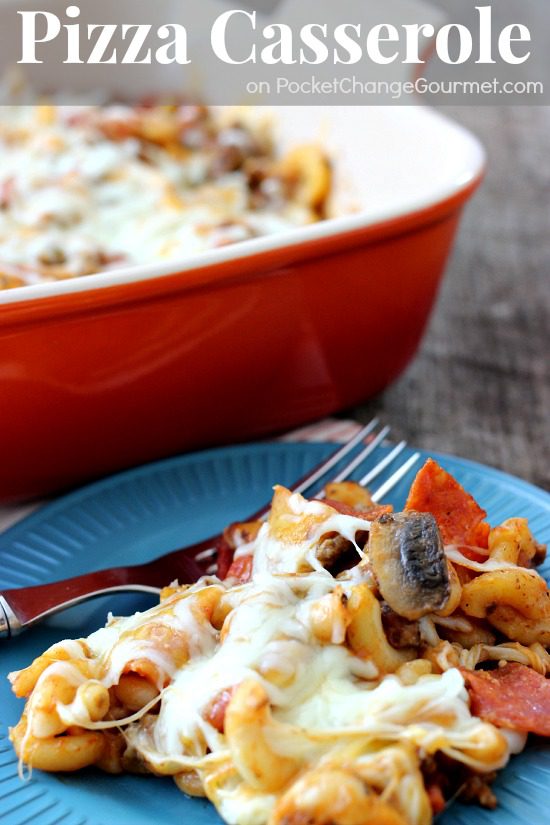 On the table in under 30 minutes! Your family will love this new twist on Pizza Night! Add your favorite ingredients to this Pizza Casserole! Pin to your Recipe Board!