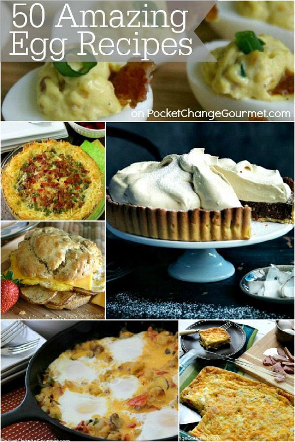 Eggs are great way to cut down your grocery budget, especially during the Easter holiday season! Here are 50 recipes from breakfast to dinner to dessert that use EGGS! Pin to your Recipe Board!
