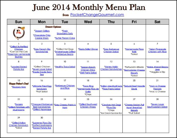 June Printable Monthly Menu | Available on PocketChangeGourmet.com