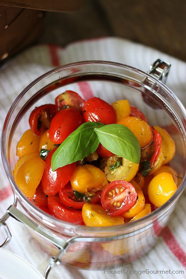 Serve as a Salad or a Condiment, this Marinated Tomato Salad is perfect for your grilled meats or toss with pasta for a hearty dish on a hot evening.