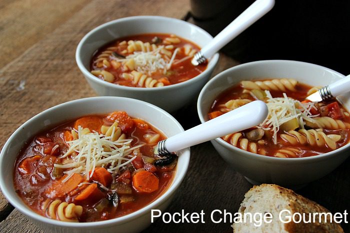 Crock Pot Vegetable Soup ready to eat with some crusty bread | Pocket Change Gourmet
