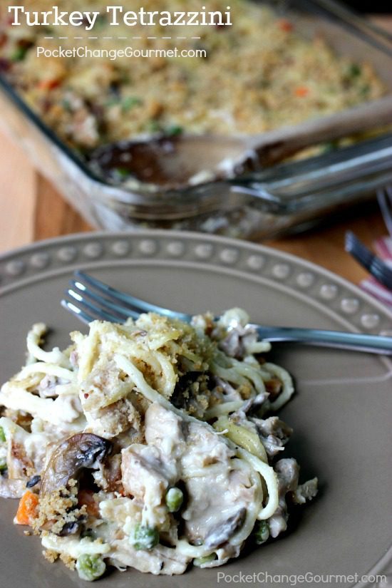 Make this casserole using leftover from your feast, Turkey Tetrazzini Recipe from Pocket Change Gourmet