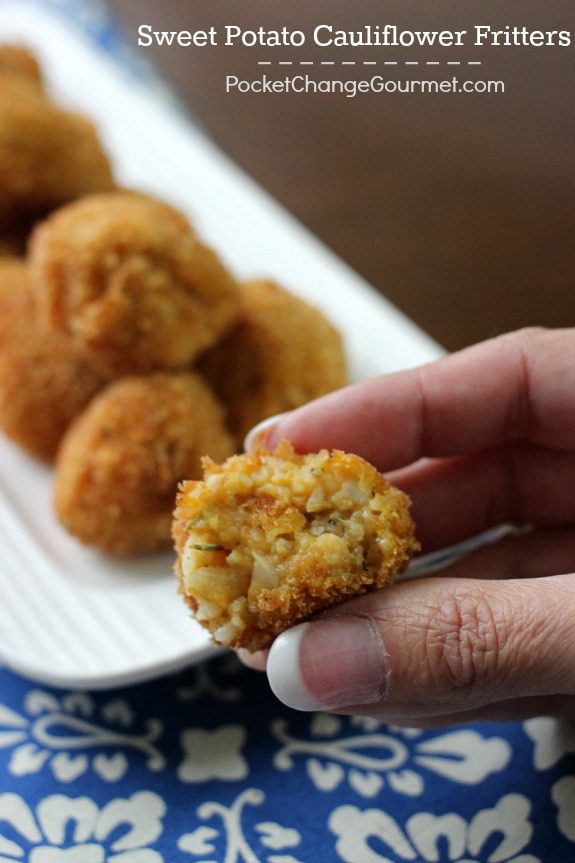 A mixture of sweet potatoes, cauliflower and seasonings rolled in bread crumbs and fried. These Sweet Potato Cauliflower Fritters might just surprise you! Pin to your Recipe Board!