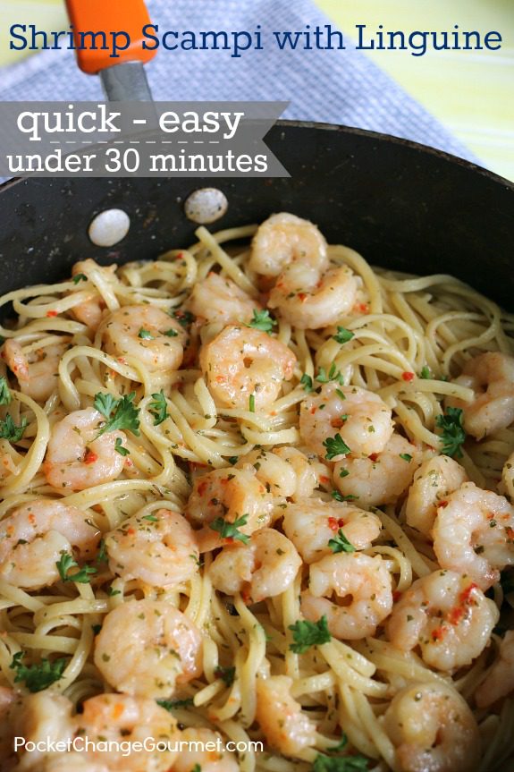 Ready in less than 30 minutes, this Shrimp Scampi with Linguine will quickly become a family favorite! And there are ONLY 2 ingredients! Pin to your Recipe Board!