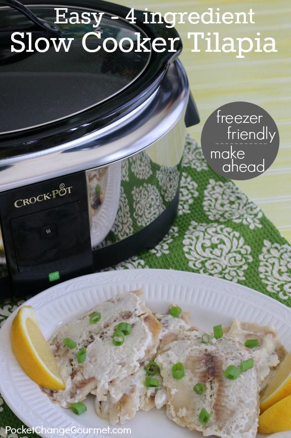 ONLY 4 ingredients and less than 5 minutes prep time for this amazing Slow Cooker Tilapia! Pin to your Recipe Board!