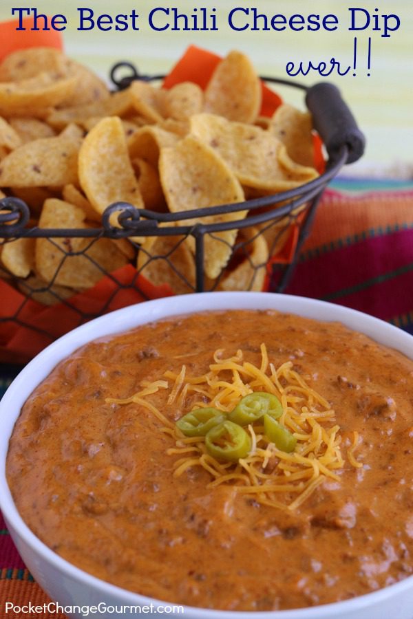 The BEST Chili Cheese Dip - This long time family favorite recipe has only 5 ingredients and is heated in the microwave for 5 minutes. This dip is gobbled up every time I make it! Be sure to save by pinning to your Recipe Board!