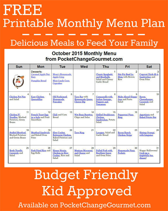 Delicious meals to feed your family in the Printable October Monthly Meal Plan! Budget friendly menu plan - Kid approved! Print out your FREE copy today!