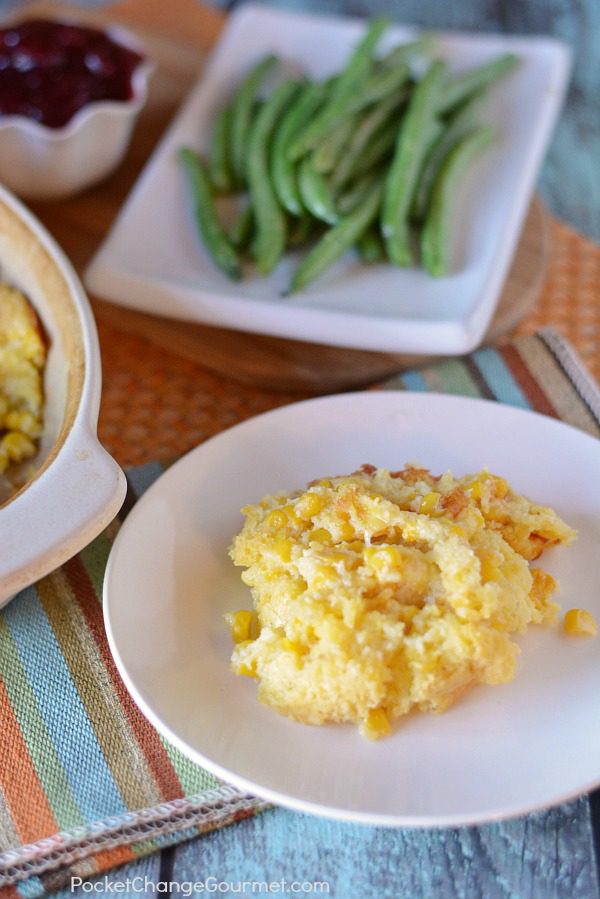 Only 6 simple ingredients stand between you and this AMAZING Easy Corn Casserole Recipe! It's perfect for Thanksgiving yet easy enough for a weeknight dinner. The ingredients go together in minutes and into the oven it goes! - corn casserole recipe