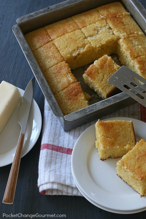 There is something special about a pan of warm cornbread dripping with melted butter! This Traditional Cornbread Recipe is super easy to make with simple ingredients! Put it together in minutes in 1 bowl!