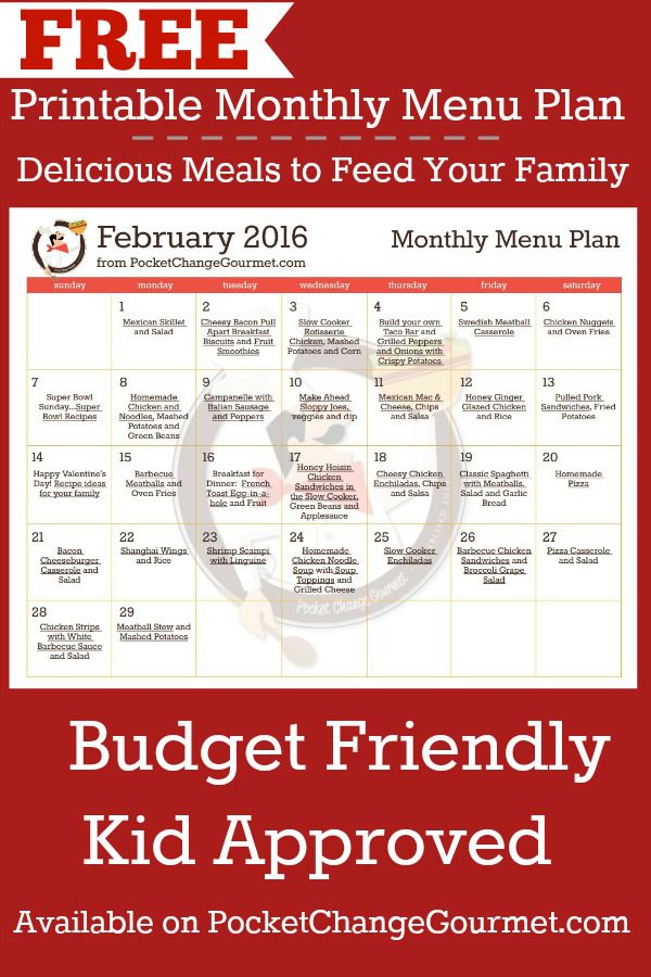Delicious meals to feed your family in the Printable February Monthly Menu Plan! Budget friendly meal plan - Kid approved! Print out your FREE copy today!