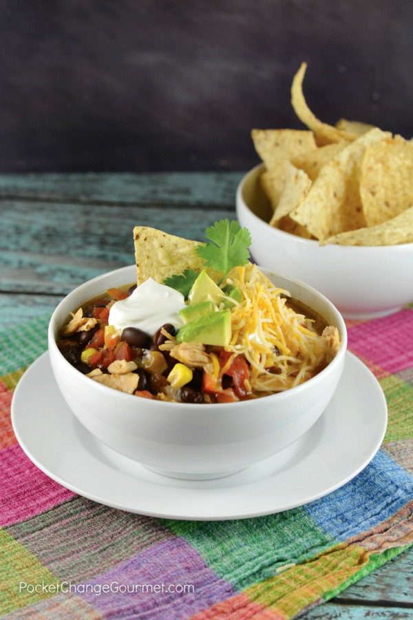 This easy Slow Cooker Soup Recipe will knock your socks off! Add a little extra kick for a Spicy Chicken Tortilla Soup or keep it mild if you like! Toss all the ingredients into the Slow Cooker and let it do all the work. 