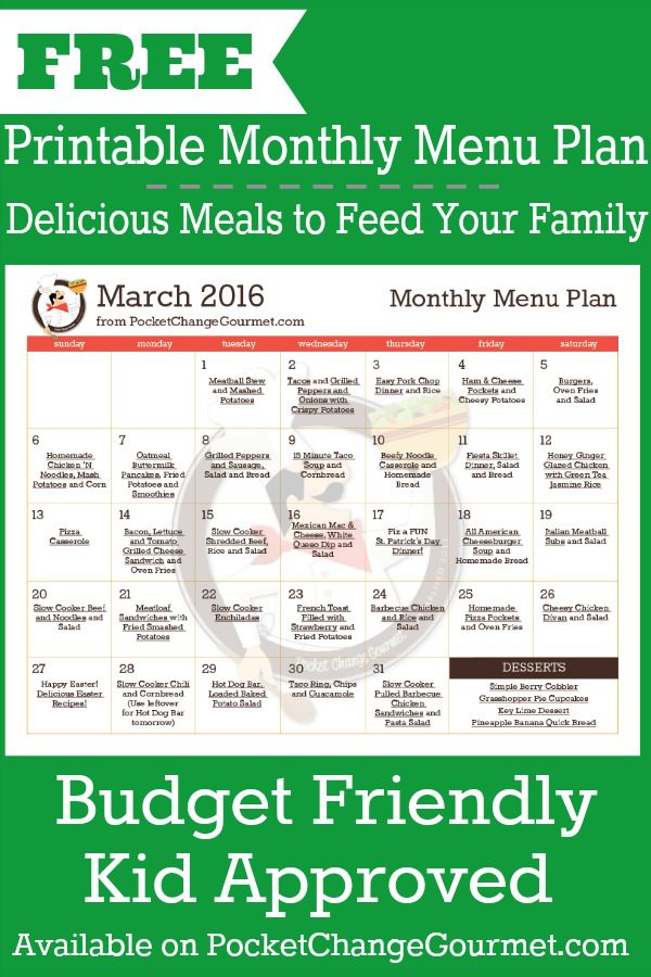 Delicious meals to feed your family in the Printable March Monthly Menu Plan! Budget friendly meal plan - Kid approved! Print out your FREE copy today!