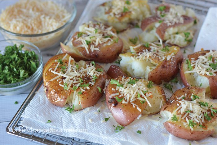 Crispy on the outside, creamy on the inside - these Fried Smashed Potatoes are easy to make and taste delicious! Perfect with any meal!