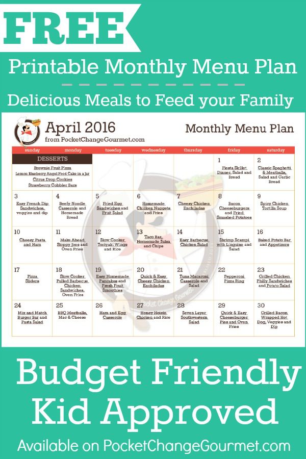Delicious meals to feed your family in the Printable April Monthly Menu Plan! Budget friendly meal plan - Kid approved! Print out your FREE copy today!