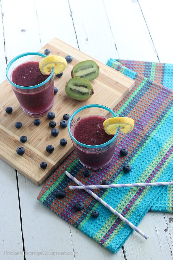 Make this refreshing Blueberry Kiwi Lemonade Slush to enjoy on the deck or at your next party! Kid friendly! Add some alcohol if you like! 