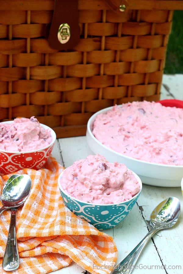 COTTON CANDY SALAD -- This easy salad recipe is maybe more like a dessert with cherry and strawberry pie filling, whipped topping and more! It's makes the PERFECT Potluck Recipe!