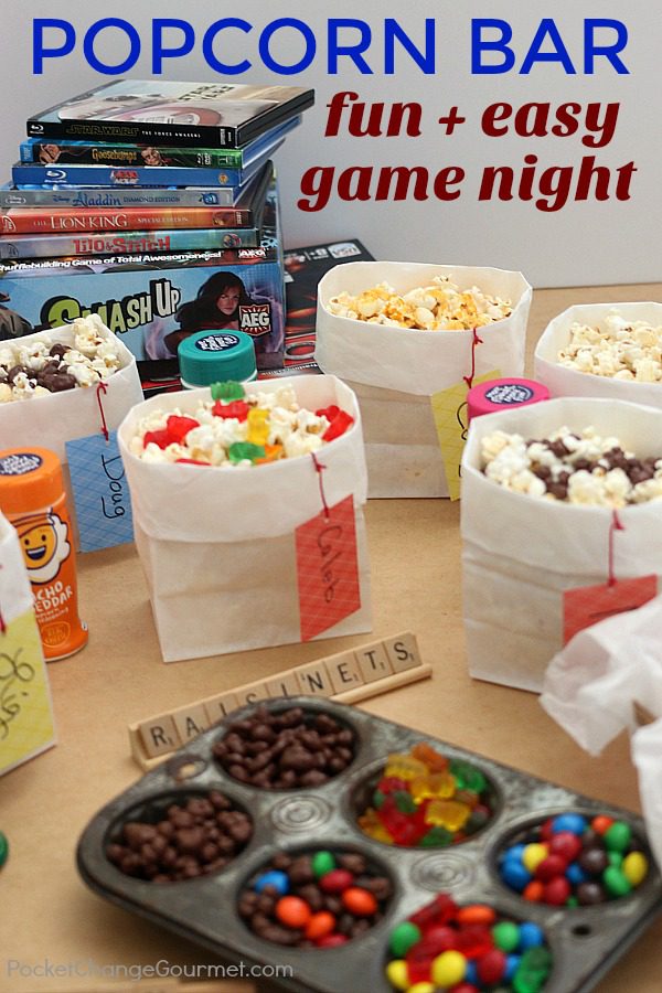 POPCORN BAR -- Kids of ALL ages will love this easy to serve Popcorn Bar! Grab the games - it's time for GAME NIGHT! Flavored salts and Candy in a variety of flavors! 