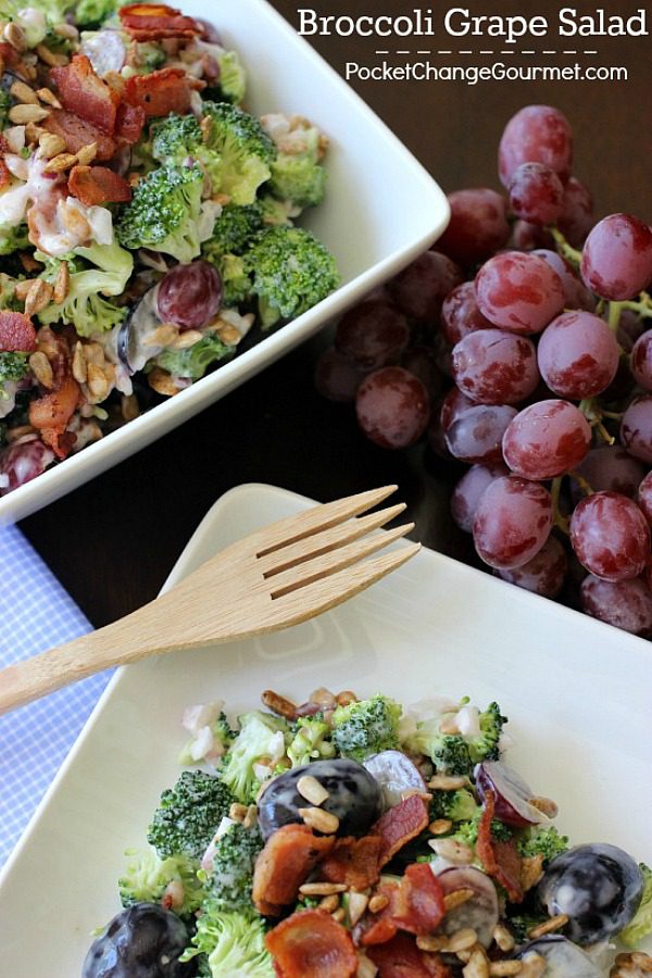 Broccoli – Grapes – Bacon – Sunflower Seeds – Sweet Red Onions – Salad Dressing – all wrapped up in a delicious package, what’s not to love? This crunchy cold Broccoli Grape Salad Recipe is perfect for potlucks, cook-outs, and easy enough for a weeknight side dish!