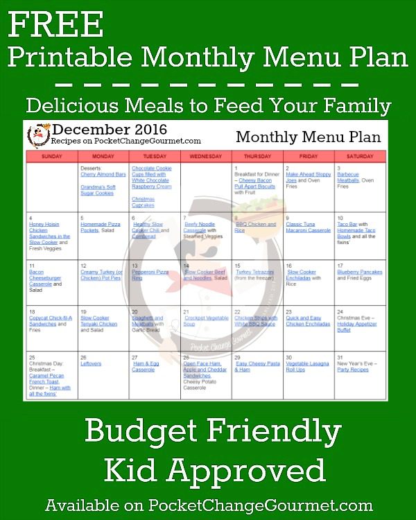 FREE MONTHLY MENU PLAN - Delicious meals to feed your family in the Printable December Monthly Menu Plan! Budget friendly meal plan - Kid approved! Print out your FREE copy today!