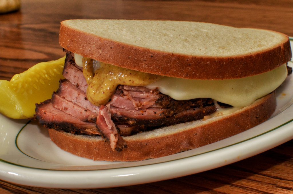 Pastrami on rye bread makes a good sandwich