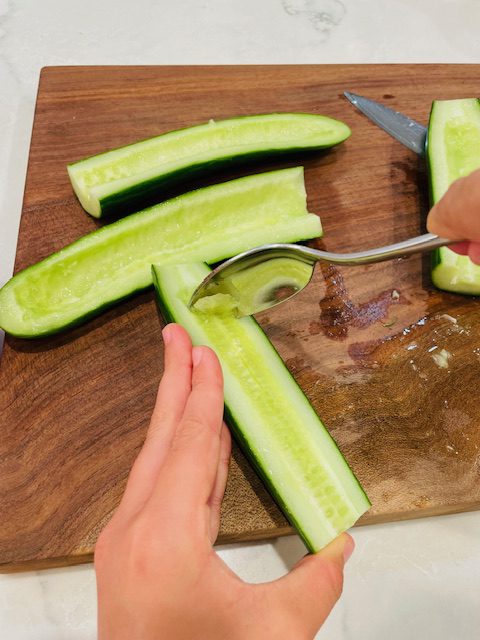 cucumbers halved and seeds removed using a spoon